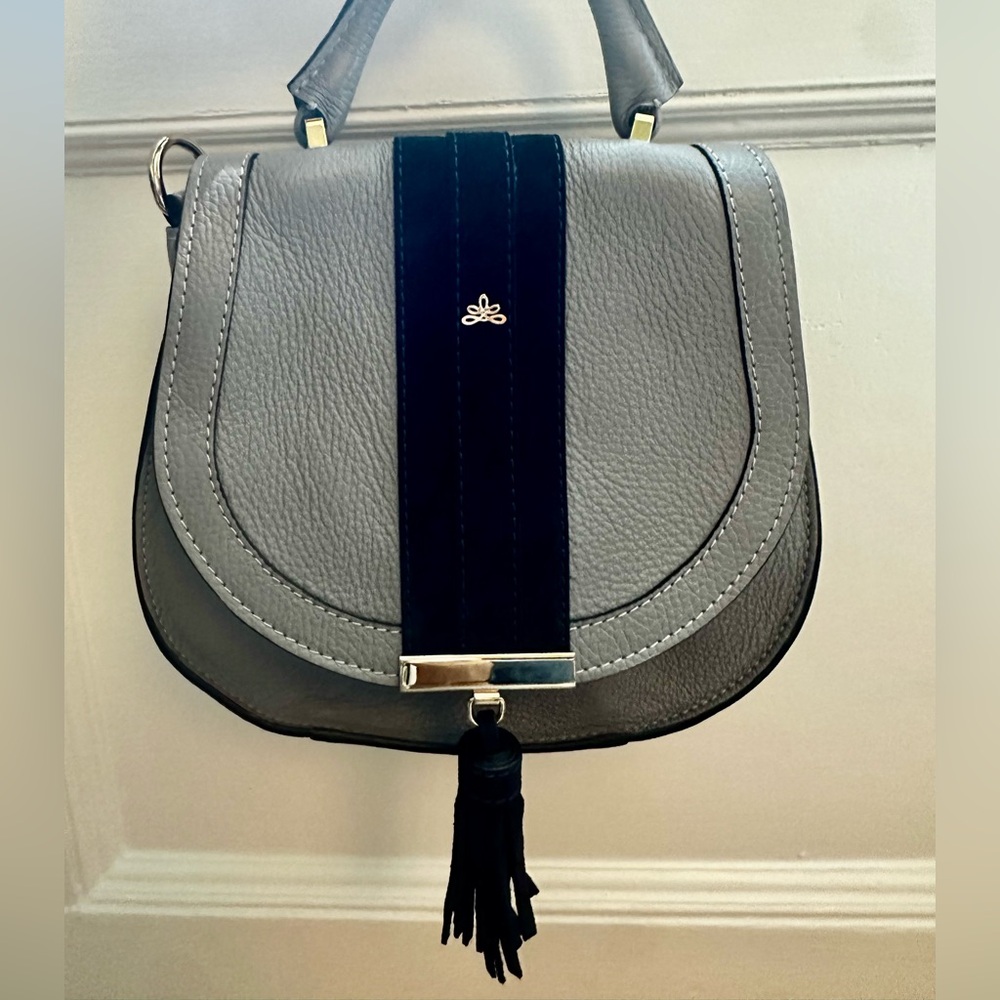 Demellier Mini Venice in Grey and navy stripe—Meghan Markle favorite.